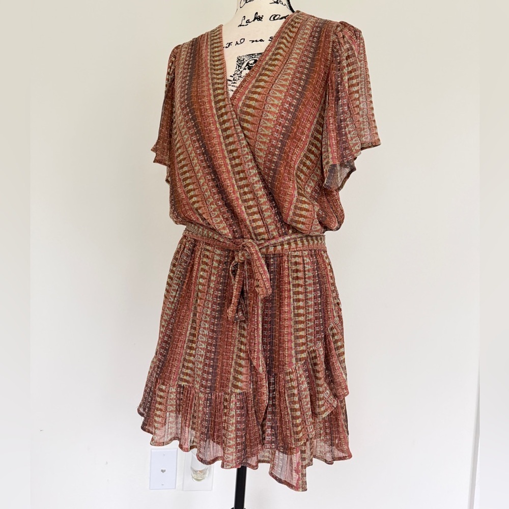 Ramy Brook Chelsea Mini Dress Belted Brown/Green Metallic Ruffle Hem Fairy Core - Picture 8 of 16